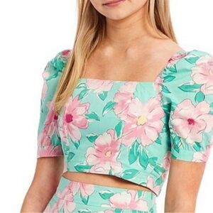 GB Coordinating Puff Short Sleeve Square Neck Floral Printed Cropped Top